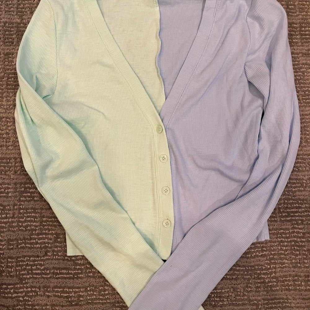 Purple and Green Cardigan Sweater with Classic Knit Design